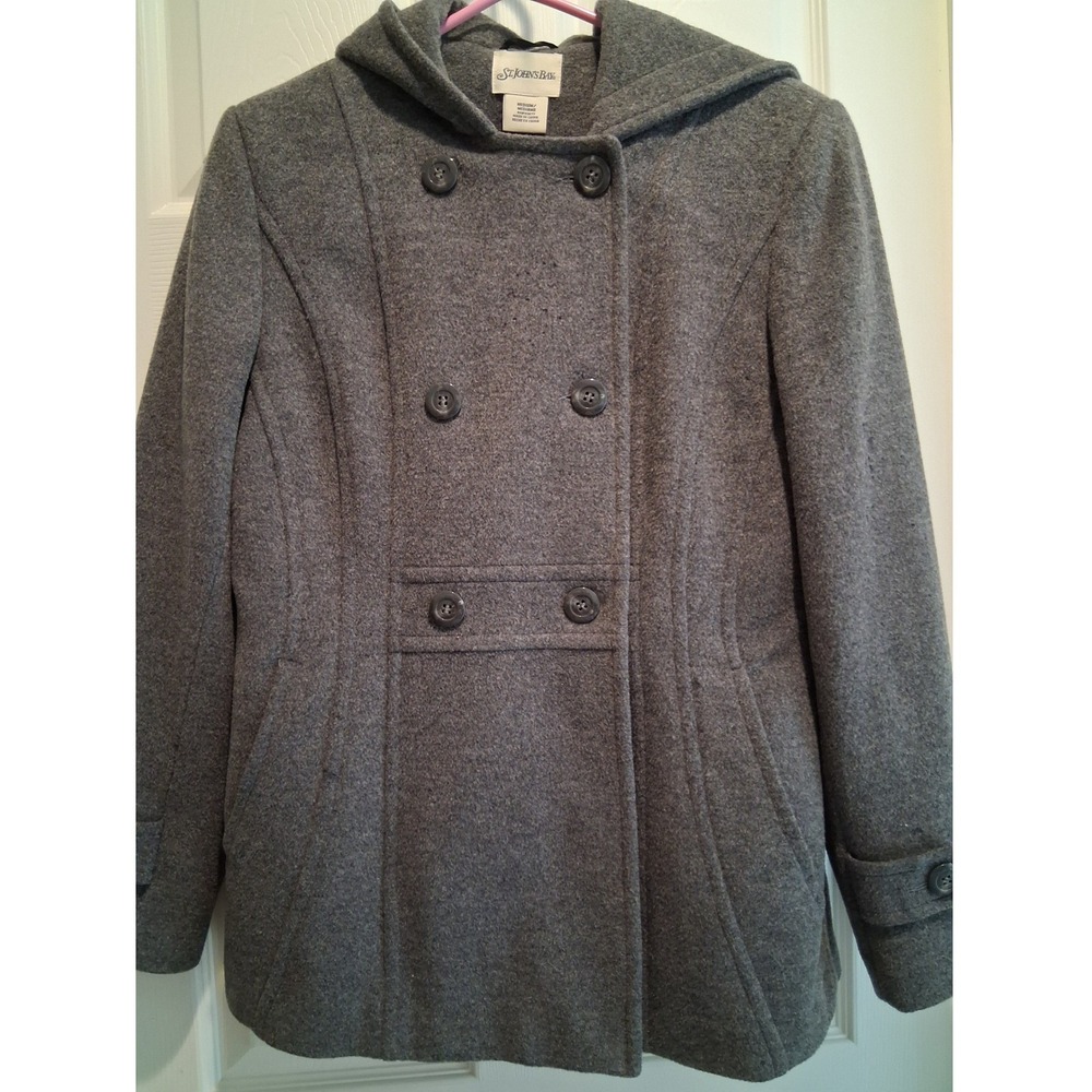 St Johns Bay Womens Grey Wool Blend Hooded Pea Coat Jacket Medium